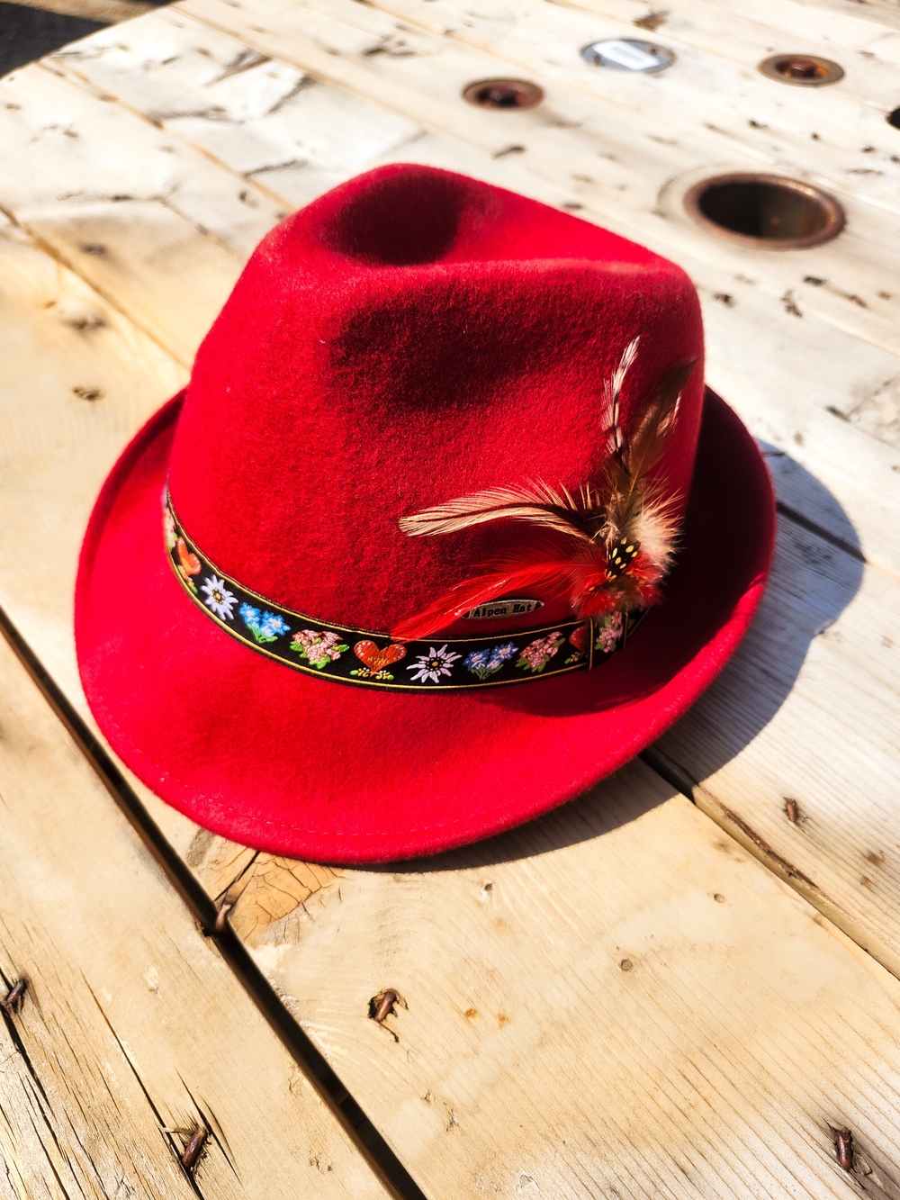 German Headwear Bavarian Alpine Hat Red 100% Wool Large Feather Oktoberfest